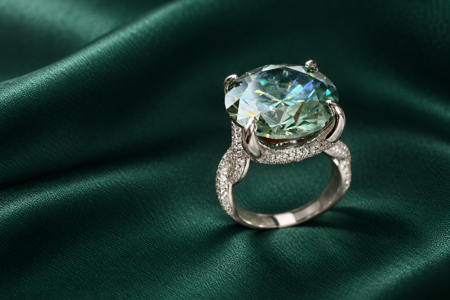 AI-retouched editorial interpretation of a teal statement ring on emerald satin